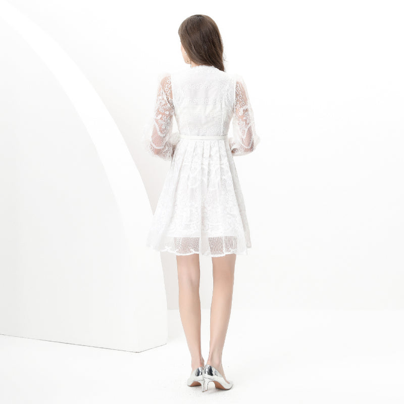 CM-DY049277 Women Elegant European Style Lace V-Neck Long Sleeve Mini Dress - White