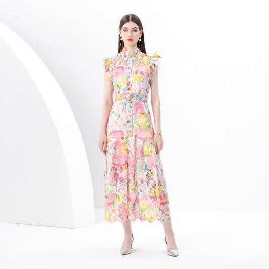 CM-DY049335 Women Elegant European Style Floral Lace Stand Collar Sleeveless Maxi Dress