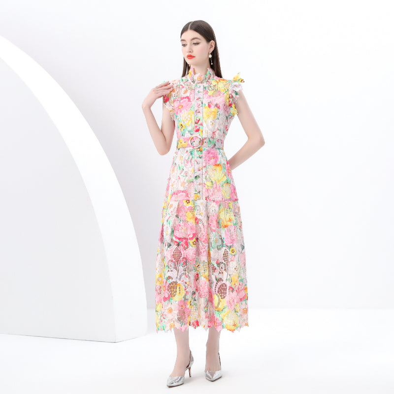 CM-DY049335 Women Elegant European Style Floral Lace Stand Collar Sleeveless Maxi Dress