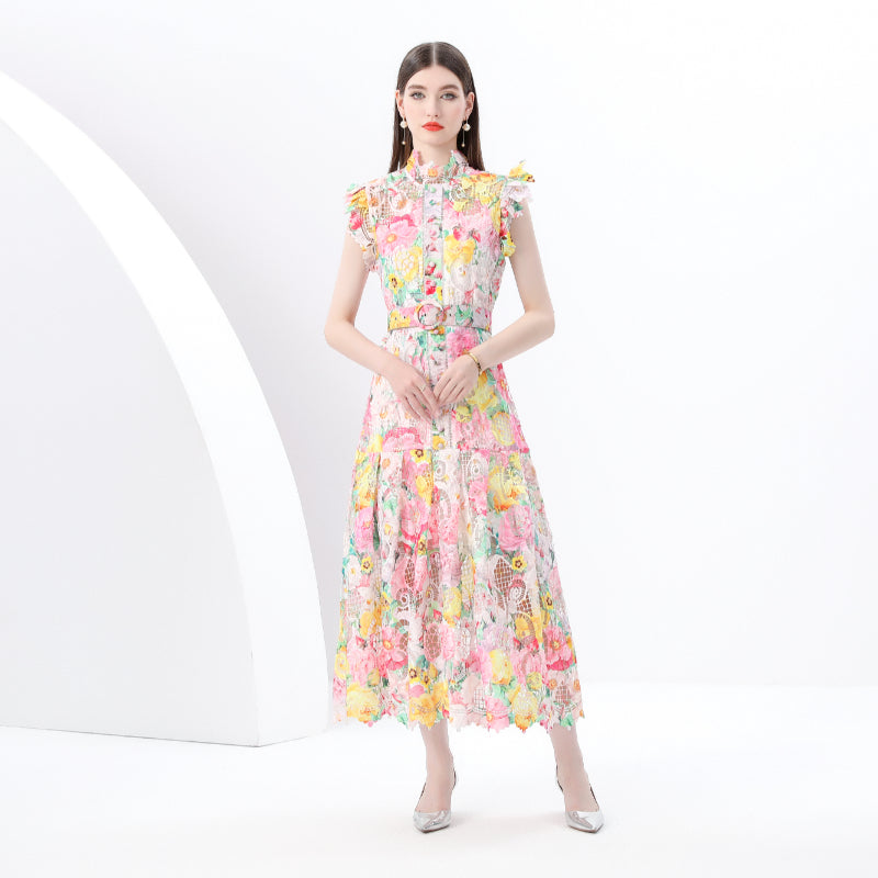CM-DY049335 Women Elegant European Style Floral Lace Stand Collar Sleeveless Maxi Dress