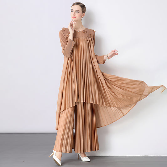CM-SY049435 Women Elegant European Style Round Neck Floral Decor Long Sleeve Blouse With Wide Leg Pants - Set (Available in 4 colors)