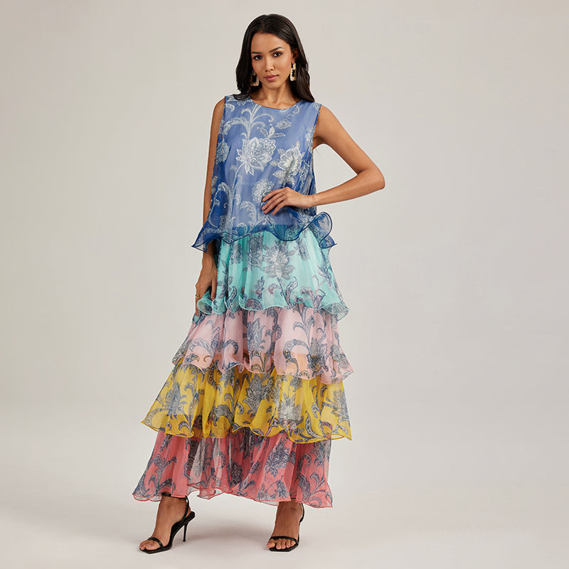 CM-DY049452 Women Trendy Bohemian Style Multi-color Round Neck Sleeveless Splice Cupcake Dress