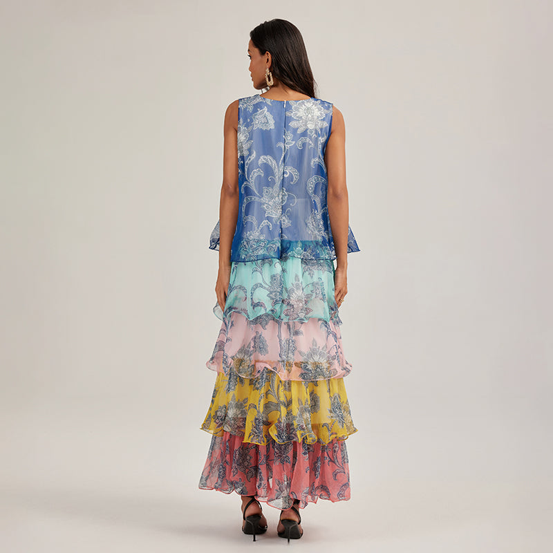 CM-DY049452 Women Trendy Bohemian Style Multi-color Round Neck Sleeveless Splice Cupcake Dress