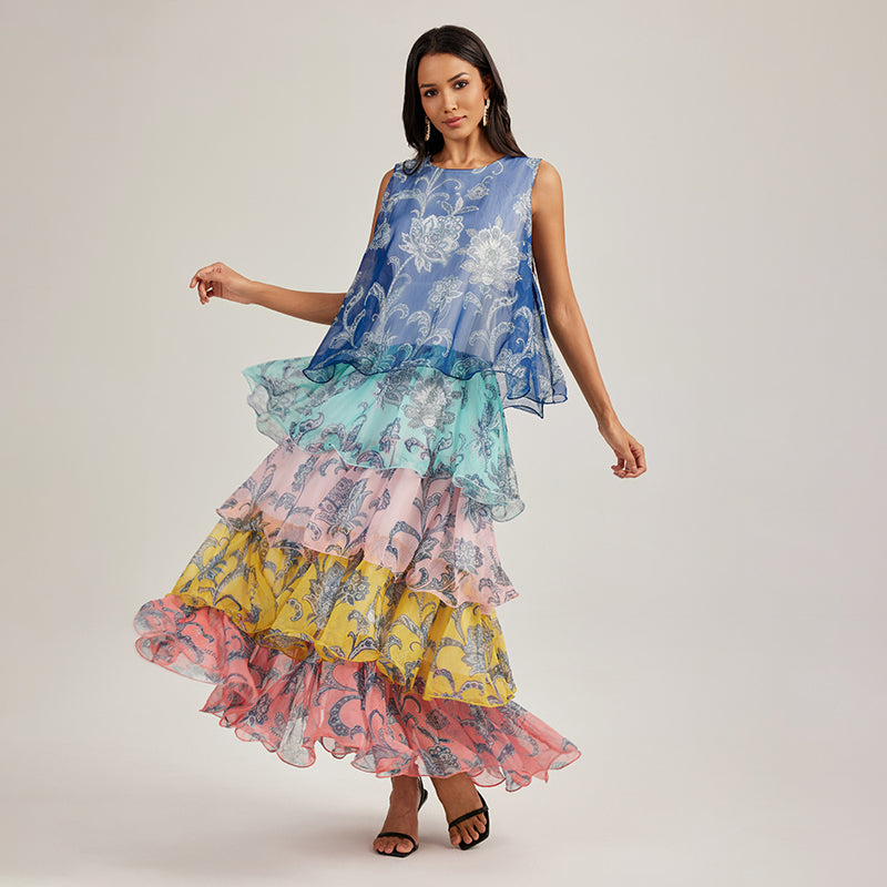 CM-DY049452 Women Trendy Bohemian Style Multi-color Round Neck Sleeveless Splice Cupcake Dress