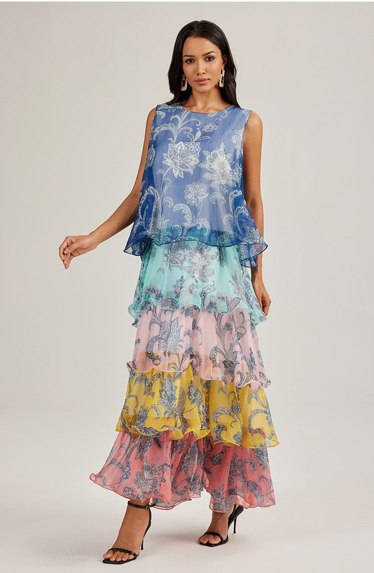 CM-DY049452 Women Trendy Bohemian Style Multi-color Round Neck Sleeveless Splice Cupcake Dress