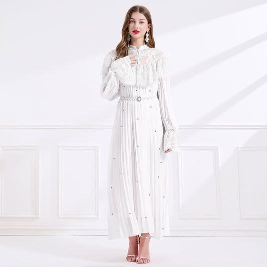 CM-DY049714 Women Elegant European Style Lace Stand Collar Long Sleeve A-Line Maxi Dress - White