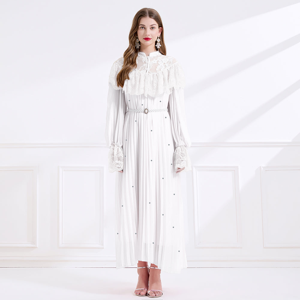 CM-DY049714 Women Elegant European Style Lace Stand Collar Long Sleeve A-Line Maxi Dress - White