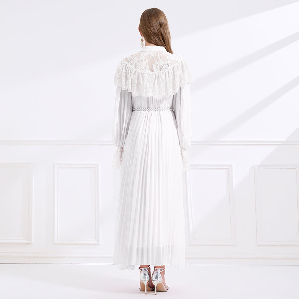 CM-DY049714 Women Elegant European Style Lace Stand Collar Long Sleeve A-Line Maxi Dress - White