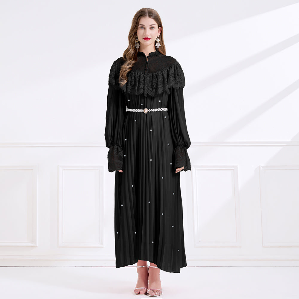 CM-DY049715 Women Elegant European Style Lace Stand Collar Long Sleeve A-Line Maxi Dress - Black