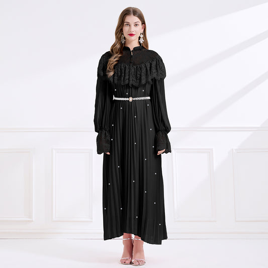 CM-DY049715 Women Elegant European Style Lace Stand Collar Long Sleeve A-Line Maxi Dress - Black
