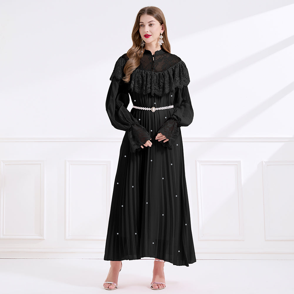 CM-DY049715 Women Elegant European Style Lace Stand Collar Long Sleeve A-Line Maxi Dress - Black