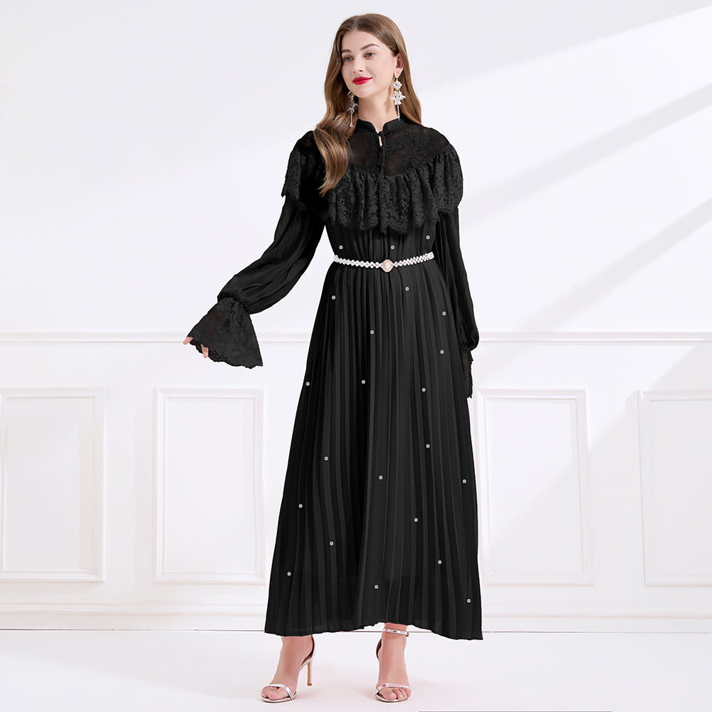 CM-DY049715 Women Elegant European Style Lace Stand Collar Long Sleeve A-Line Maxi Dress - Black