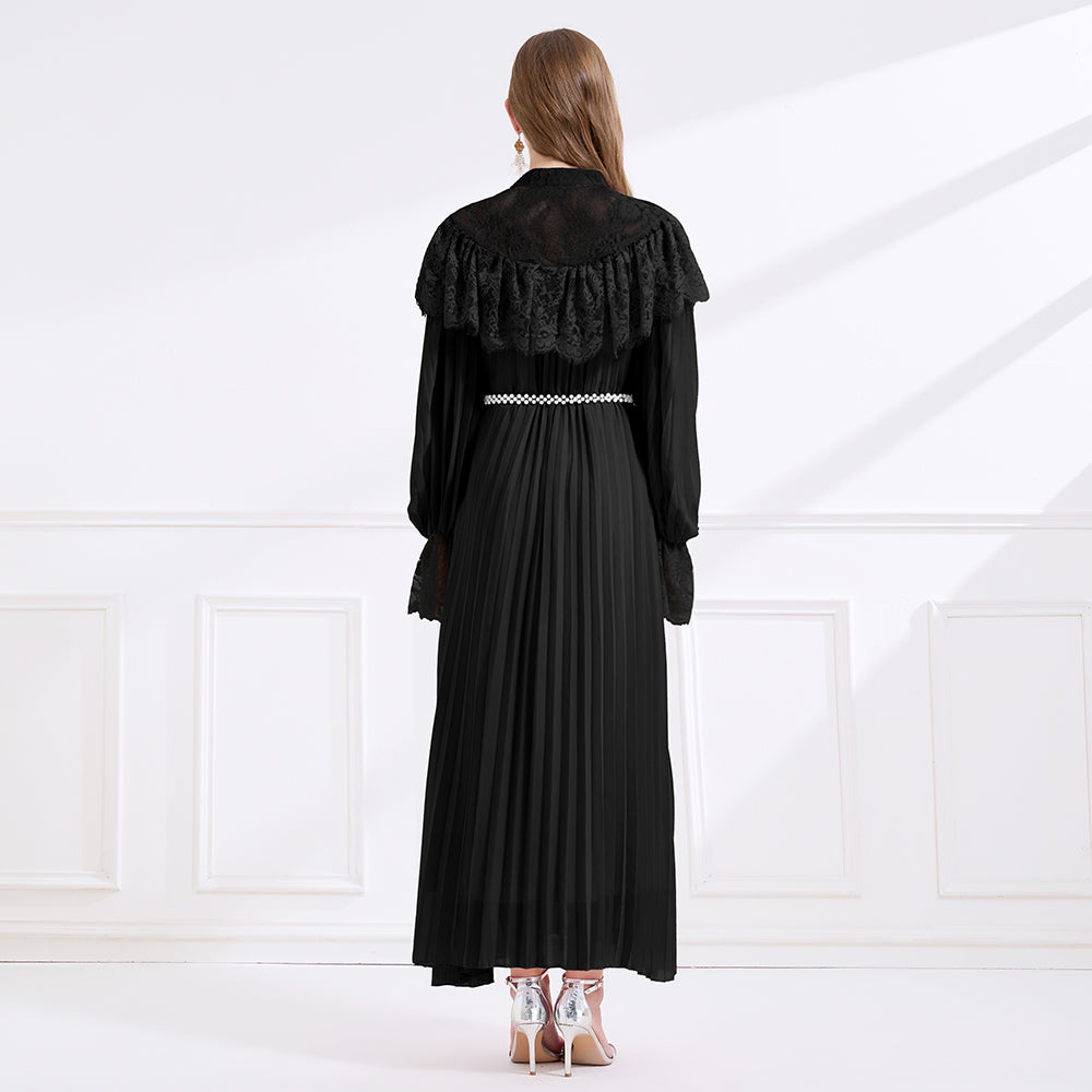 CM-DY049715 Women Elegant European Style Lace Stand Collar Long Sleeve A-Line Maxi Dress - Black