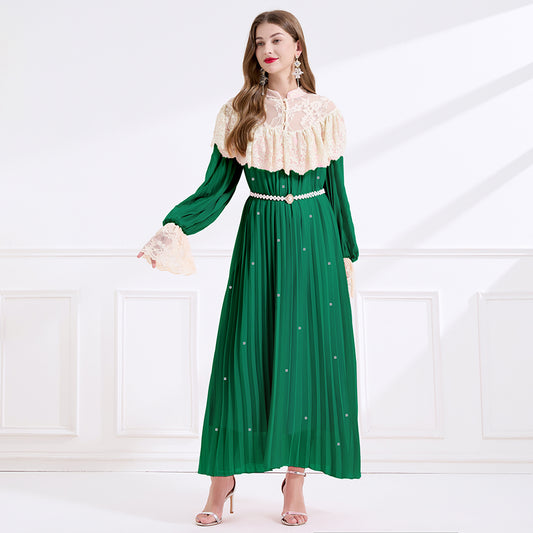 CM0DY049716 Women Elegant European Style Lace Stand Collar Long Sleeve A-Line Maxi Dress - Green