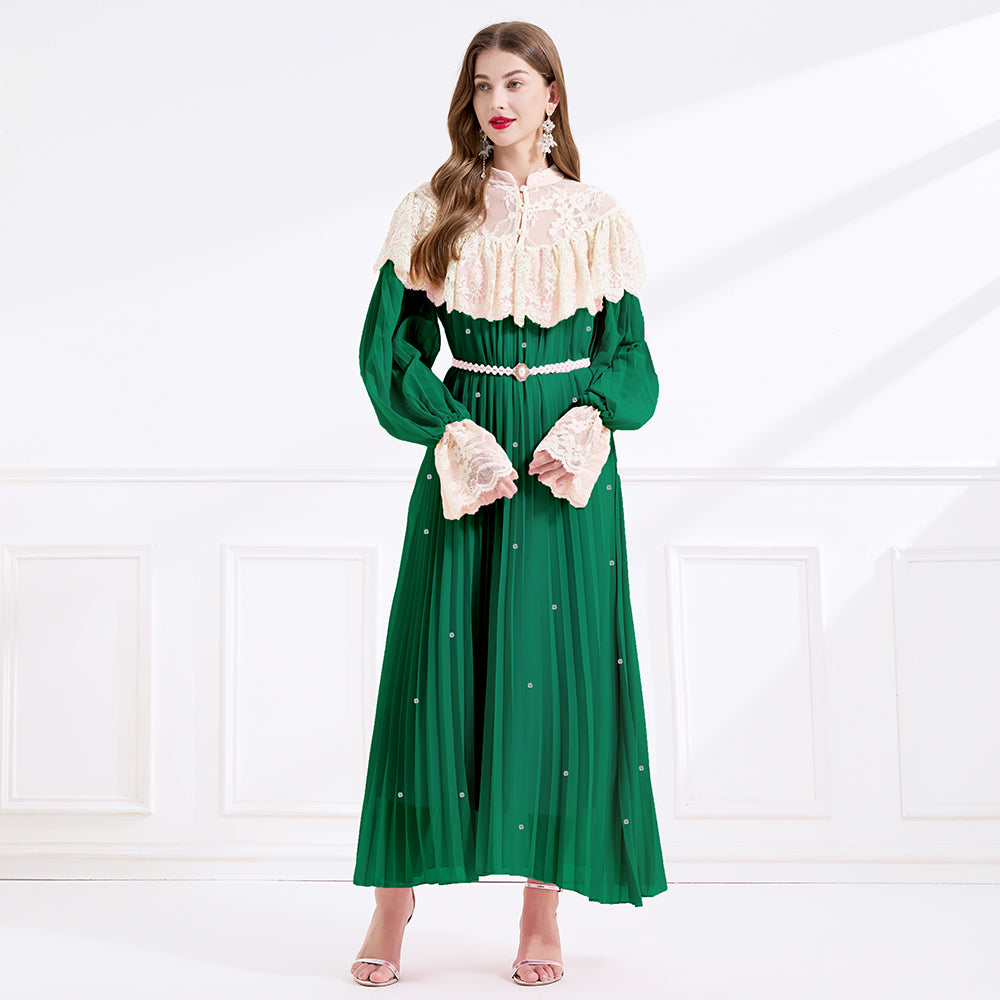 CM0DY049716 Women Elegant European Style Lace Stand Collar Long Sleeve A-Line Maxi Dress - Green