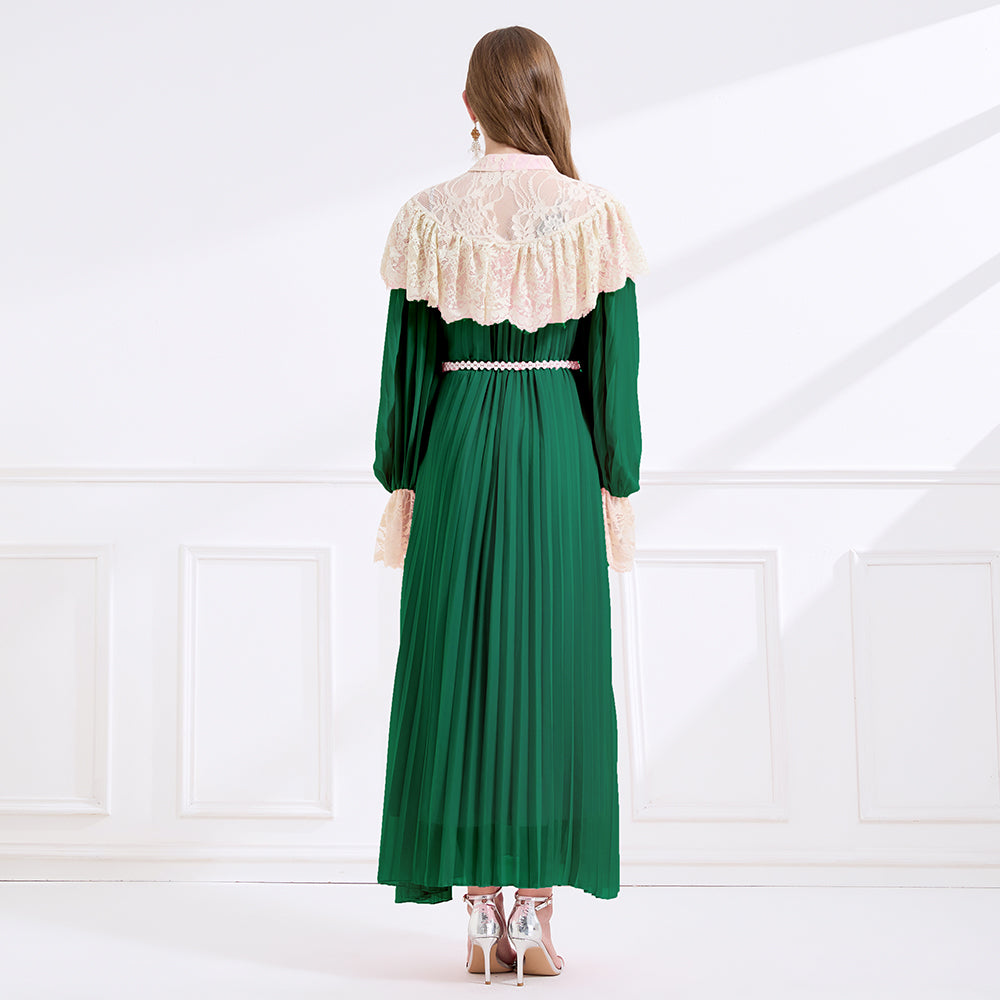 CM0DY049716 Women Elegant European Style Lace Stand Collar Long Sleeve A-Line Maxi Dress - Green