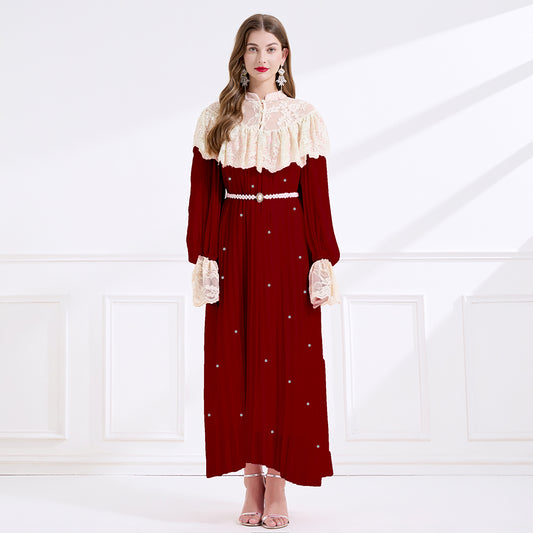 CM-DY049717 Women Elegant European Style Lace Stand Collar Long Sleeve A-Line Maxi Dress - Wine Red