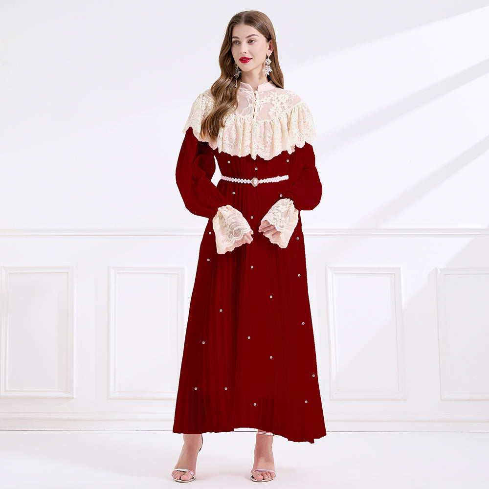 CM-DY049717 Women Elegant European Style Lace Stand Collar Long Sleeve A-Line Maxi Dress - Wine Red
