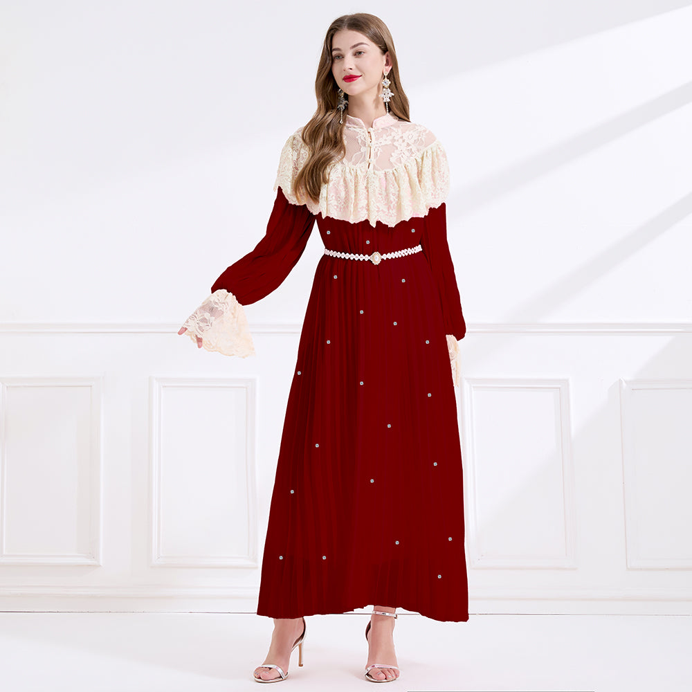 CM-DY049717 Women Elegant European Style Lace Stand Collar Long Sleeve A-Line Maxi Dress - Wine Red