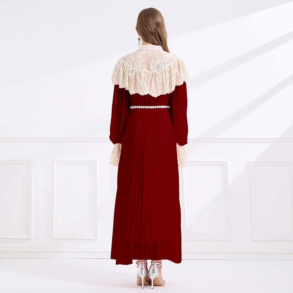 CM-DY049717 Women Elegant European Style Lace Stand Collar Long Sleeve A-Line Maxi Dress - Wine Red