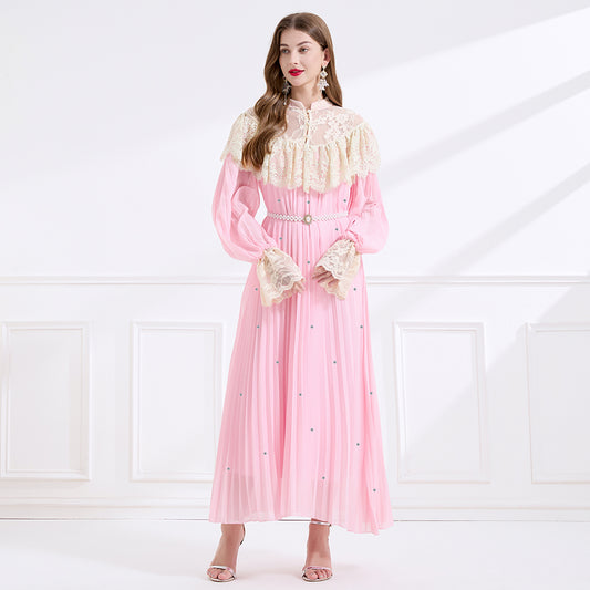 CM-DY049718 Women Elegant European Style Lace Stand Collar Long Sleeve A-Line Maxi Dress - Pink