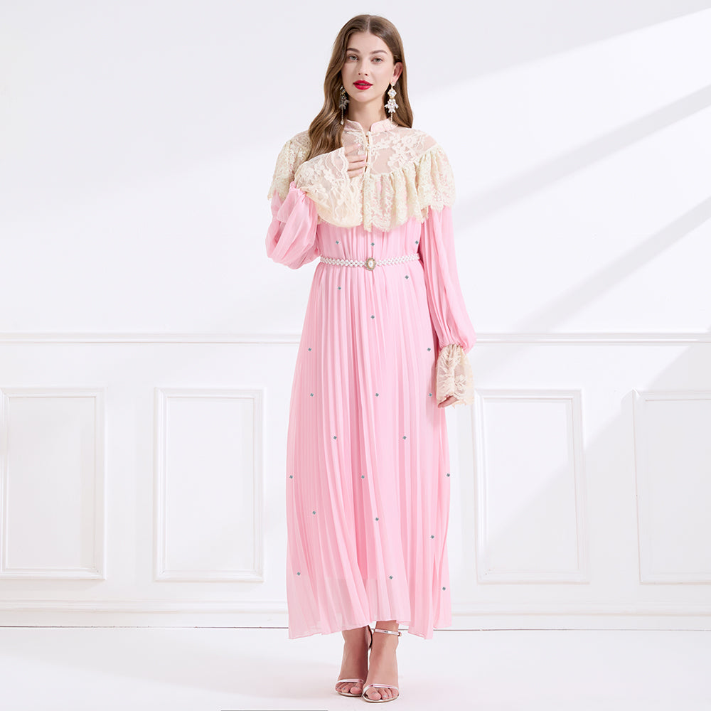 CM-DY049718 Women Elegant European Style Lace Stand Collar Long Sleeve A-Line Maxi Dress - Pink
