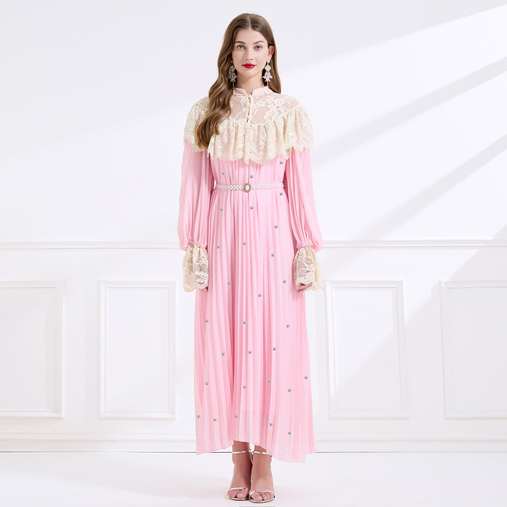CM-DY049718 Women Elegant European Style Lace Stand Collar Long Sleeve A-Line Maxi Dress - Pink