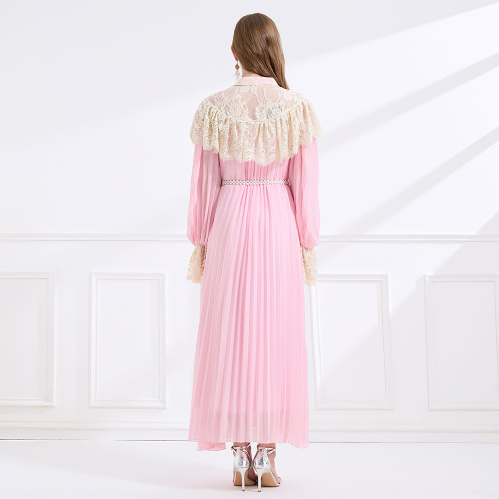CM-DY049718 Women Elegant European Style Lace Stand Collar Long Sleeve A-Line Maxi Dress - Pink