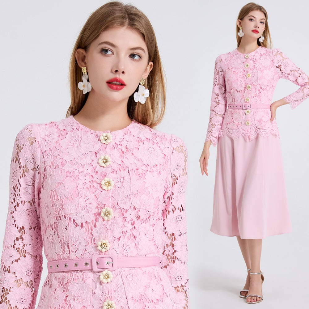 CM-DY049808 Women Elegant European Style Lace Round Neck Long Sleeve Slim Mid-Length Dress - Pink