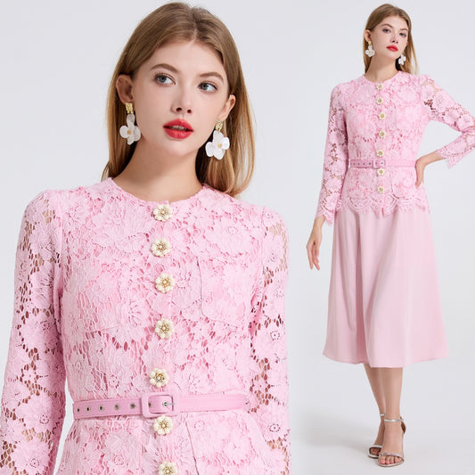 CM-DY049808 Women Elegant European Style Lace Round Neck Long Sleeve Slim Mid-Length Dress - Pink