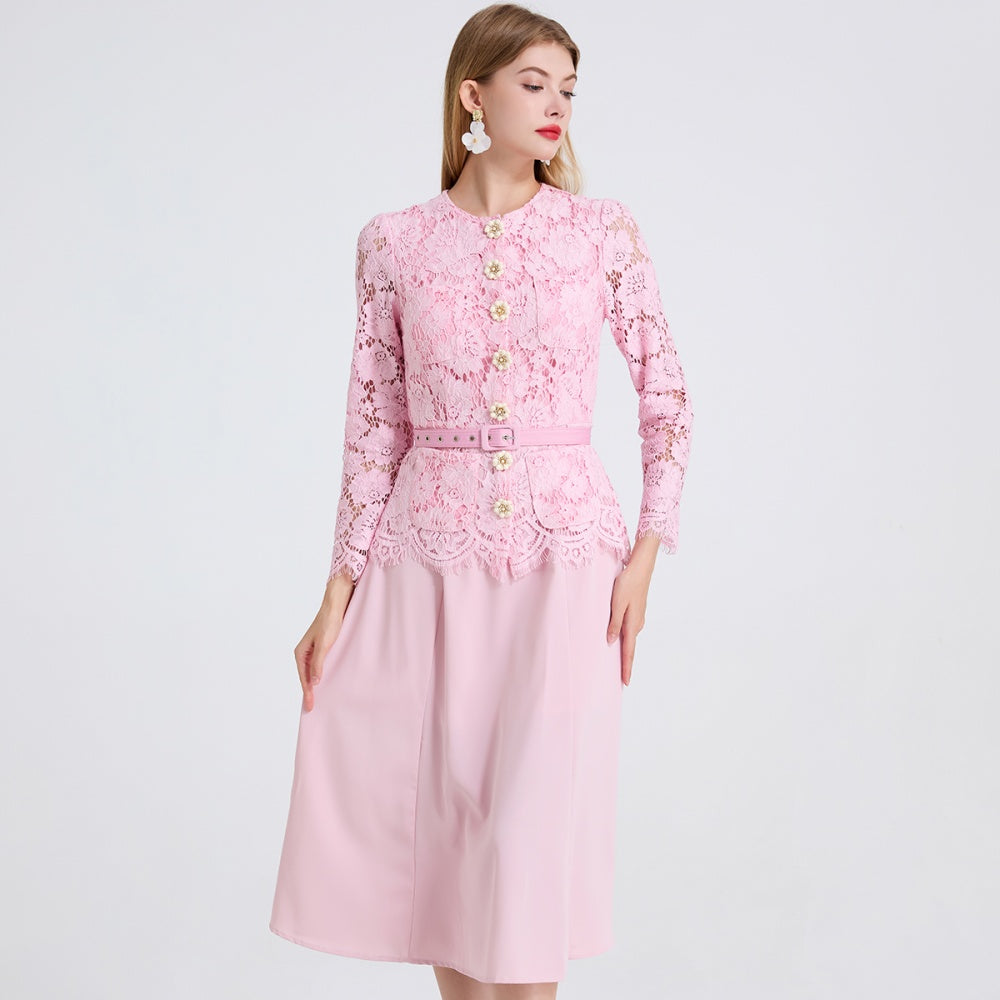 CM-DY049808 Women Elegant European Style Lace Round Neck Long Sleeve Slim Mid-Length Dress - Pink