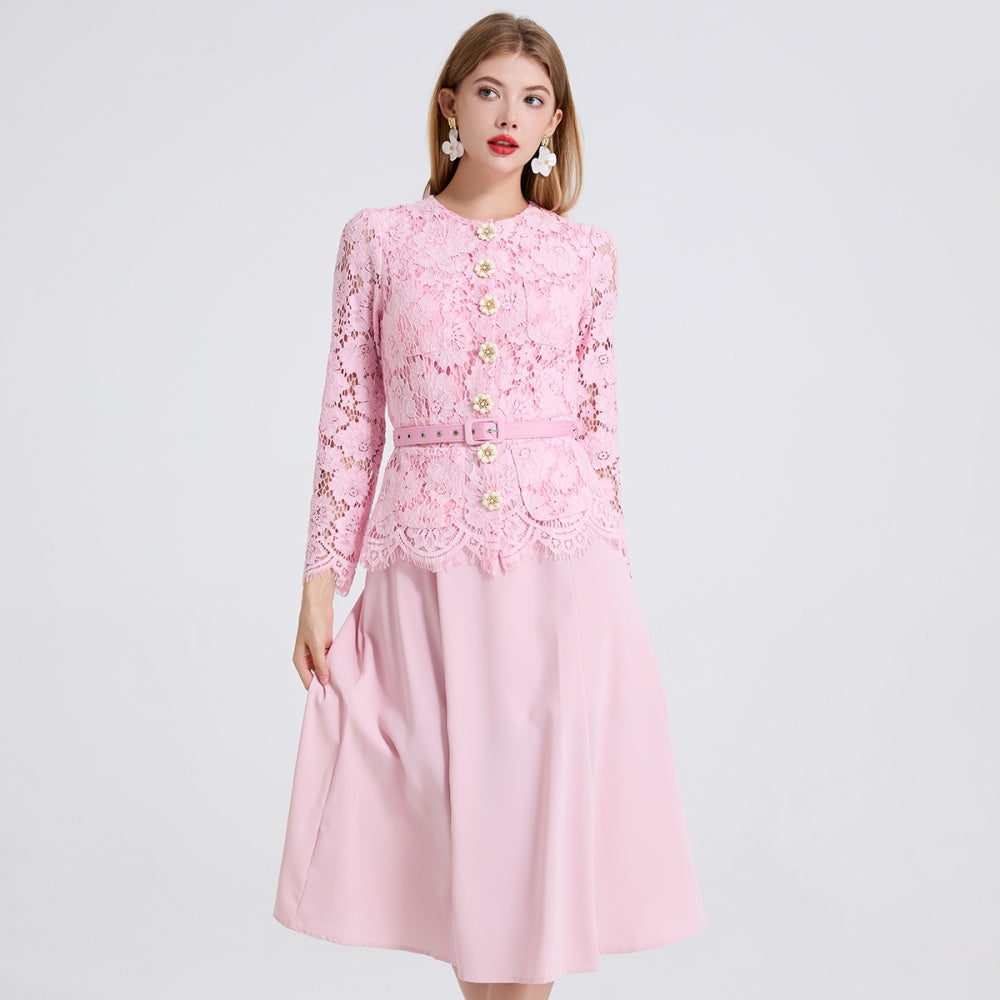CM-DY049808 Women Elegant European Style Lace Round Neck Long Sleeve Slim Mid-Length Dress - Pink
