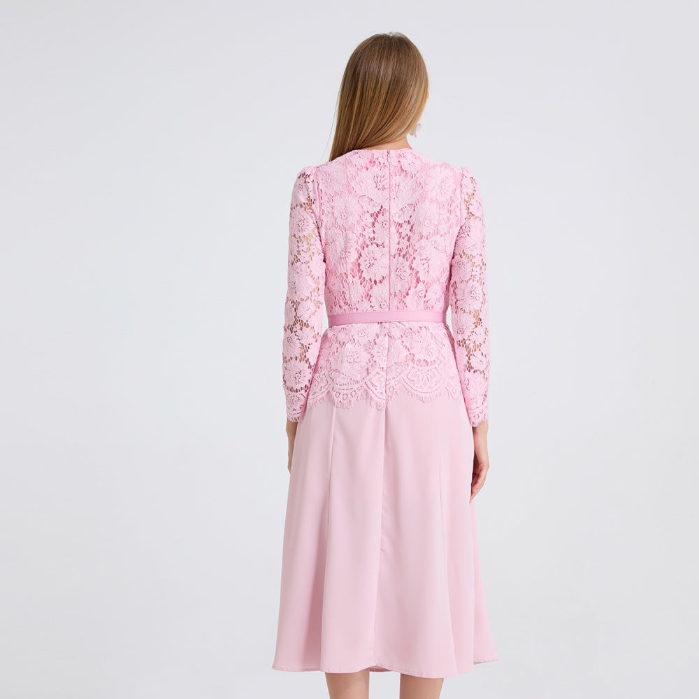 CM-DY049808 Women Elegant European Style Lace Round Neck Long Sleeve Slim Mid-Length Dress - Pink