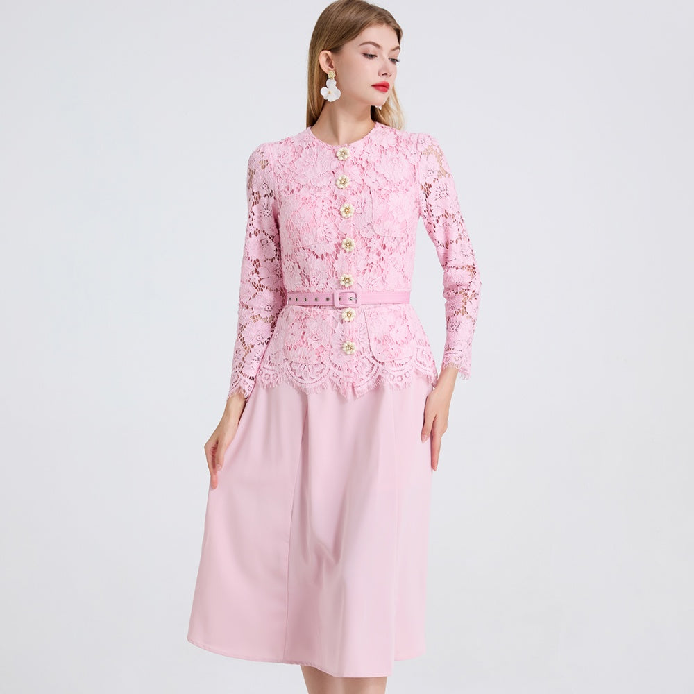 CM-DY049808 Women Elegant European Style Lace Round Neck Long Sleeve Slim Mid-Length Dress - Pink