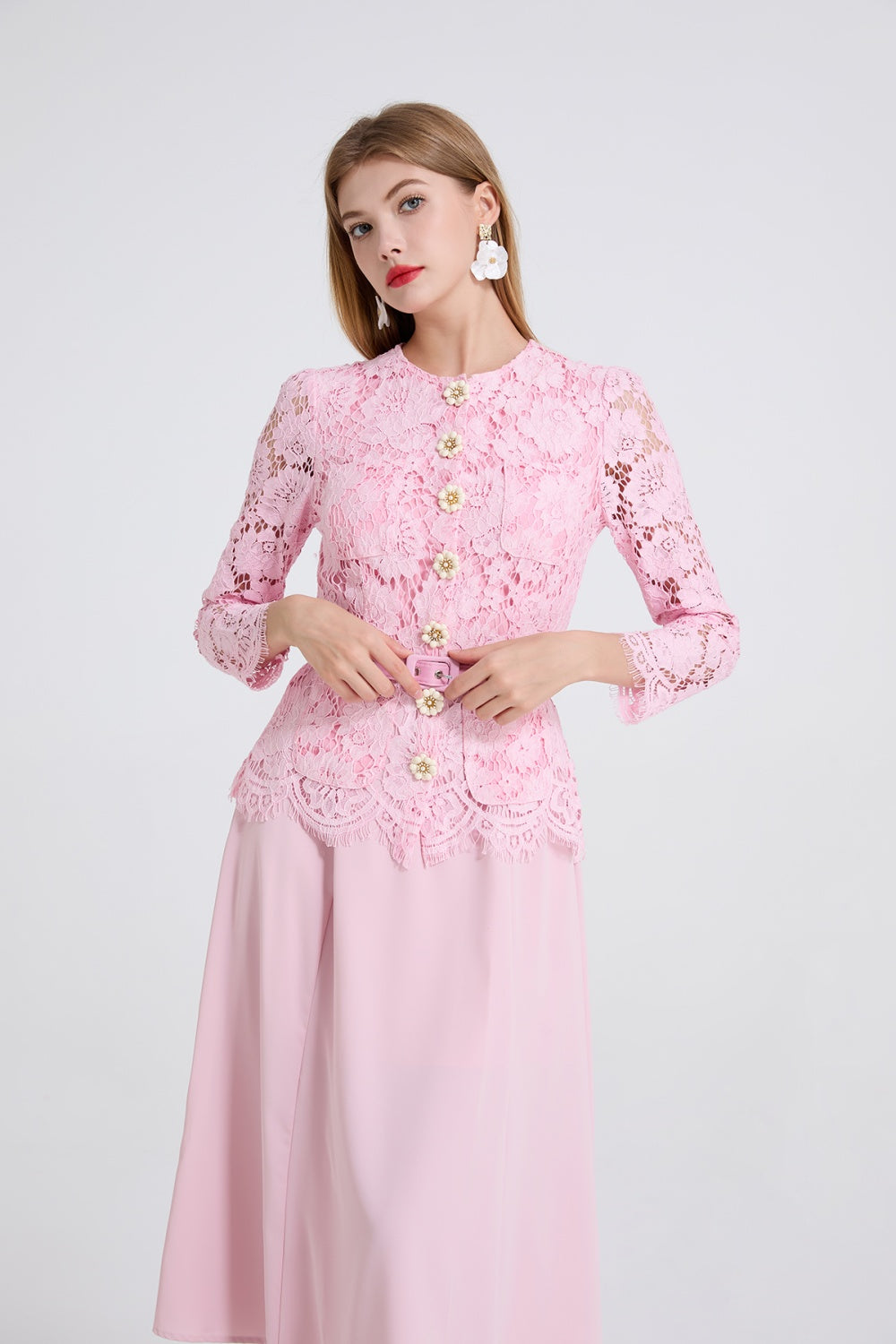 CM-DY049808 Women Elegant European Style Lace Round Neck Long Sleeve Slim Mid-Length Dress - Pink