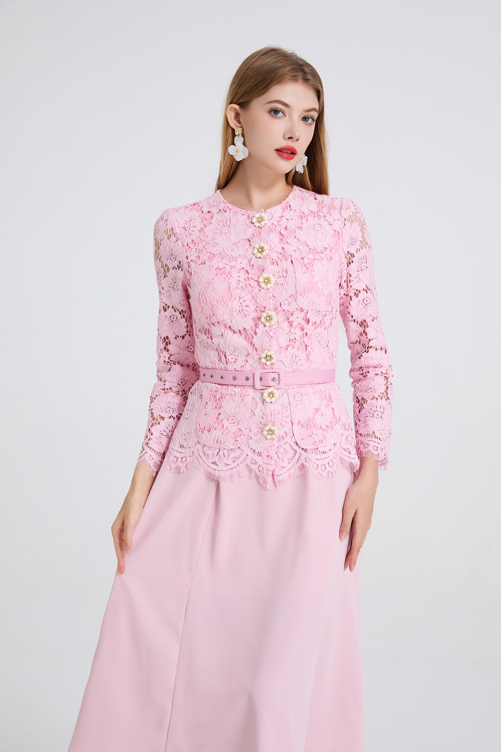 CM-DY049808 Women Elegant European Style Lace Round Neck Long Sleeve Slim Mid-Length Dress - Pink