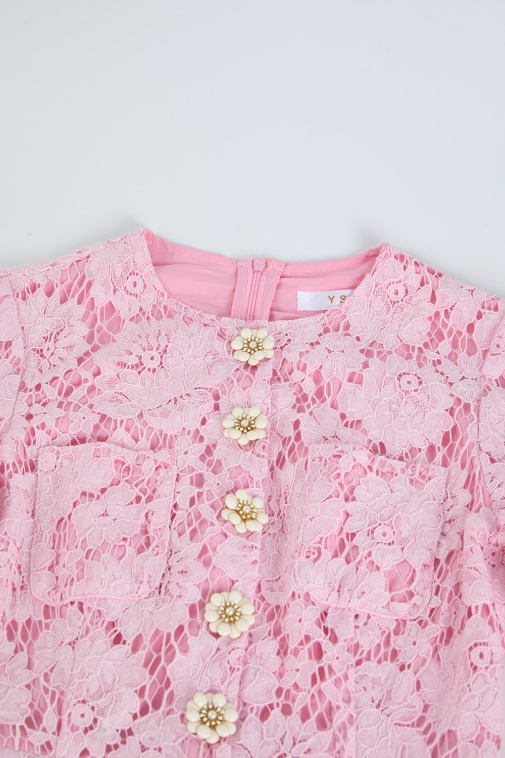 CM-DY049808 Women Elegant European Style Lace Round Neck Long Sleeve Slim Mid-Length Dress - Pink