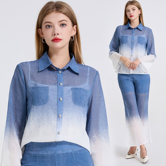 CM-SY049809 Women Elegant European Style Chiffon Trumpet Sleeve Polo Shirt With High Waist Flare Pants - Set