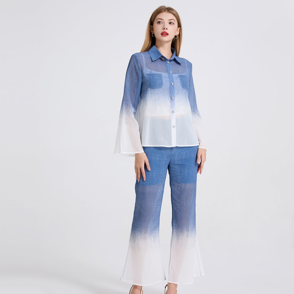 CM-SY049809 Women Elegant European Style Chiffon Trumpet Sleeve Polo Shirt With High Waist Flare Pants - Set