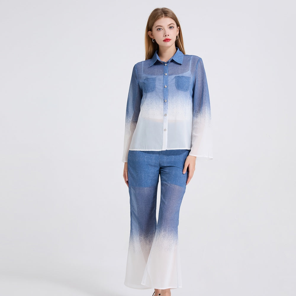 CM-SY049809 Women Elegant European Style Chiffon Trumpet Sleeve Polo Shirt With High Waist Flare Pants - Set