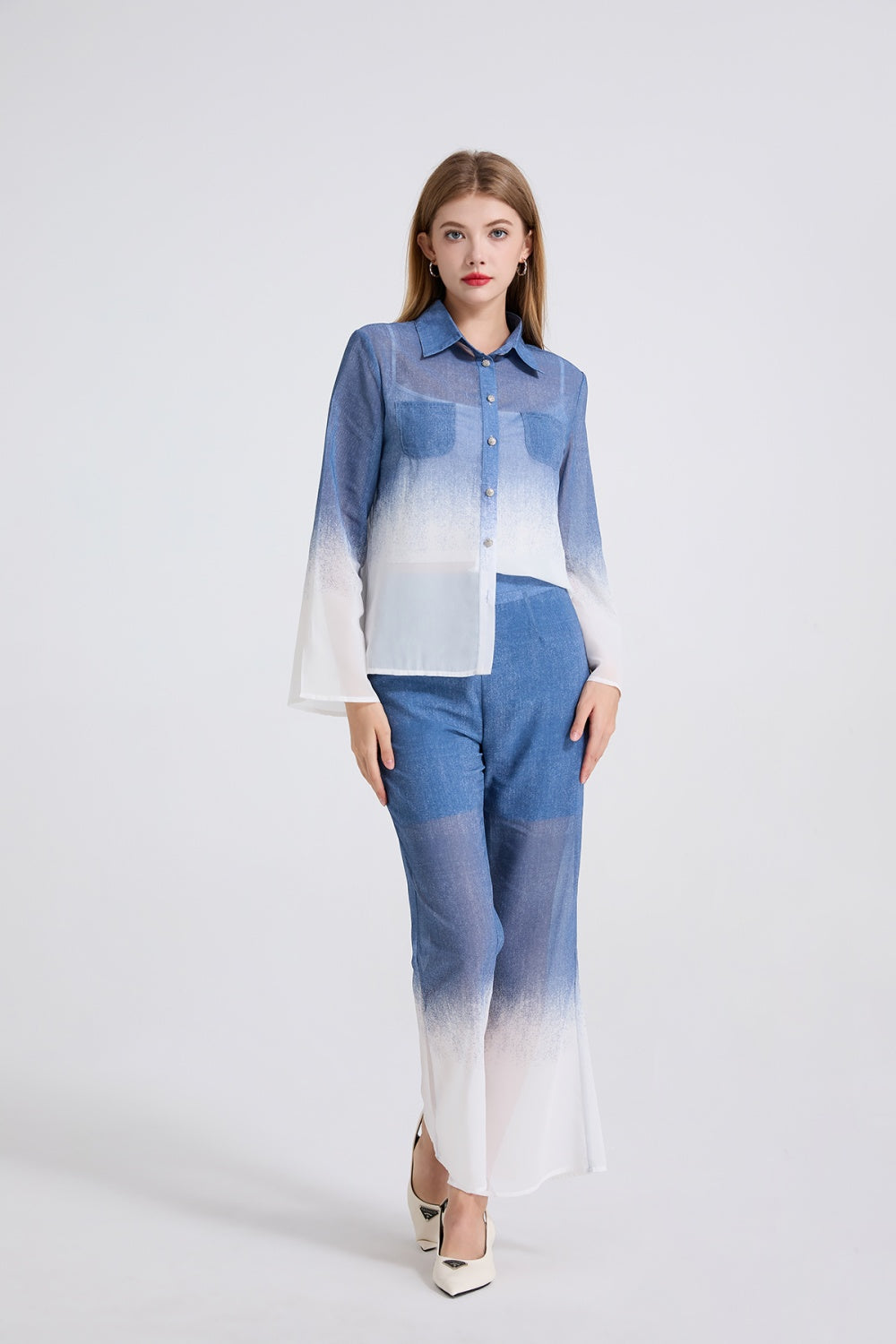 CM-SY049809 Women Elegant European Style Chiffon Trumpet Sleeve Polo Shirt With High Waist Flare Pants - Set