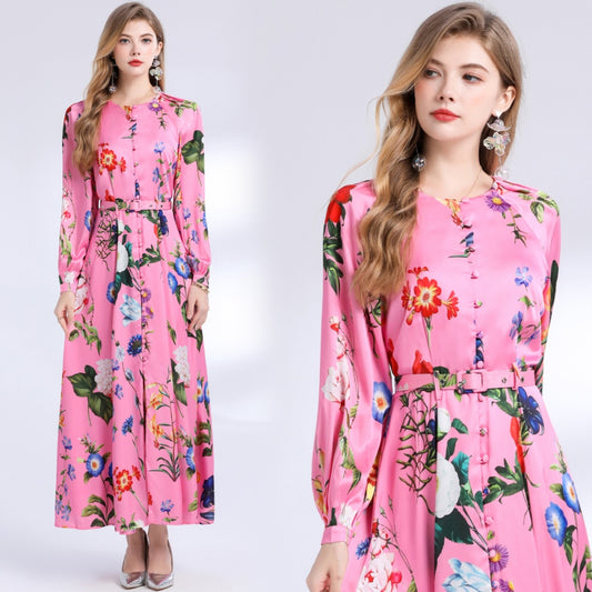 CM-DY049842 Women Elegant European Style Round Neck Long Sleeve Floral Print Single-Breasted Mid-Length Dress