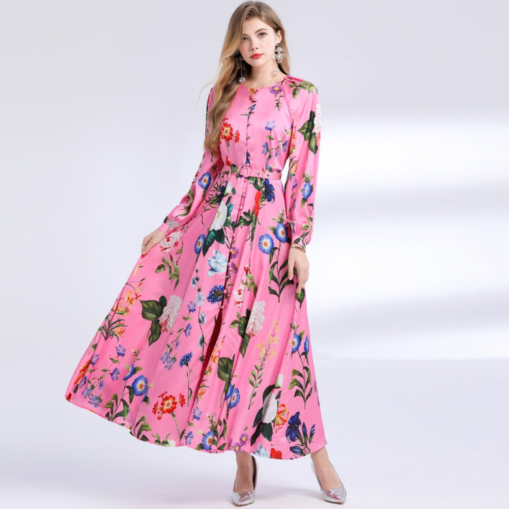 CM-DY049842 Women Elegant European Style Round Neck Long Sleeve Floral Print Single-Breasted Mid-Length Dress