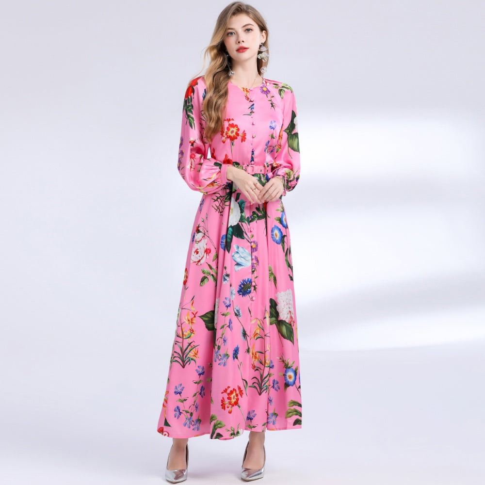 CM-DY049842 Women Elegant European Style Round Neck Long Sleeve Floral Print Single-Breasted Mid-Length Dress