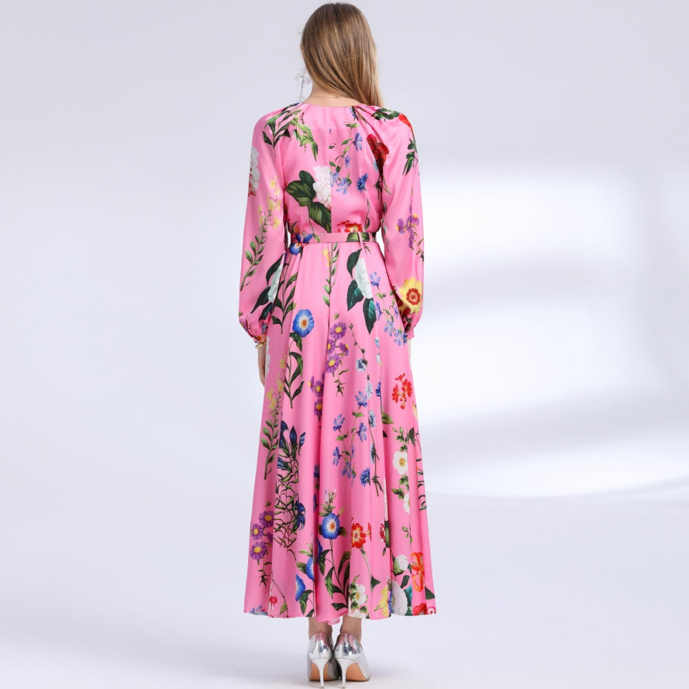 CM-DY049842 Women Elegant European Style Round Neck Long Sleeve Floral Print Single-Breasted Mid-Length Dress