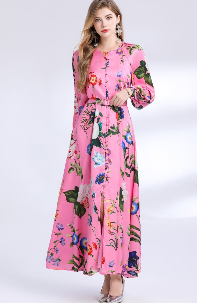 CM-DY049842 Women Elegant European Style Round Neck Long Sleeve Floral Print Single-Breasted Mid-Length Dress