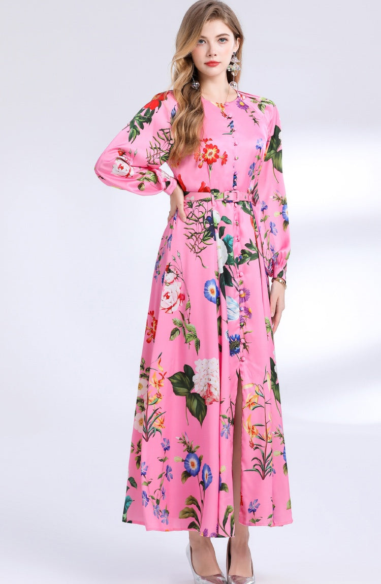 CM-DY049842 Women Elegant European Style Round Neck Long Sleeve Floral Print Single-Breasted Mid-Length Dress