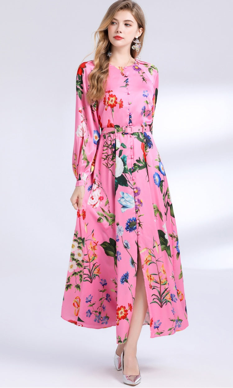 CM-DY049842 Women Elegant European Style Round Neck Long Sleeve Floral Print Single-Breasted Mid-Length Dress