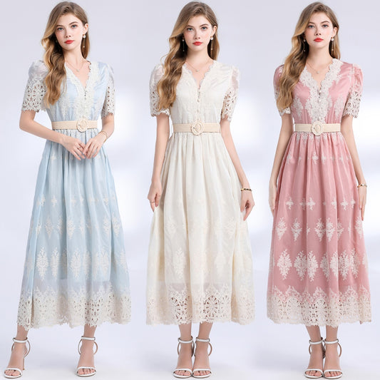 CM-DY049844 Women Elegant European Style V-Neck Short Sleeve High Waist Mid-Length Dress (Available in 3 colors)