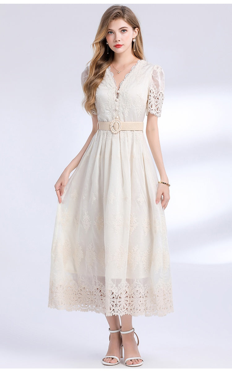 CM-DY049844 Women Elegant European Style V-Neck Short Sleeve High Waist Mid-Length Dress (Available in 3 colors)